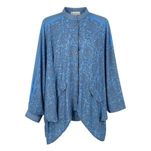 Kantha Bae Blue Abstract Button Up Oversized Boho Tunic Shirt Free Size - CJ